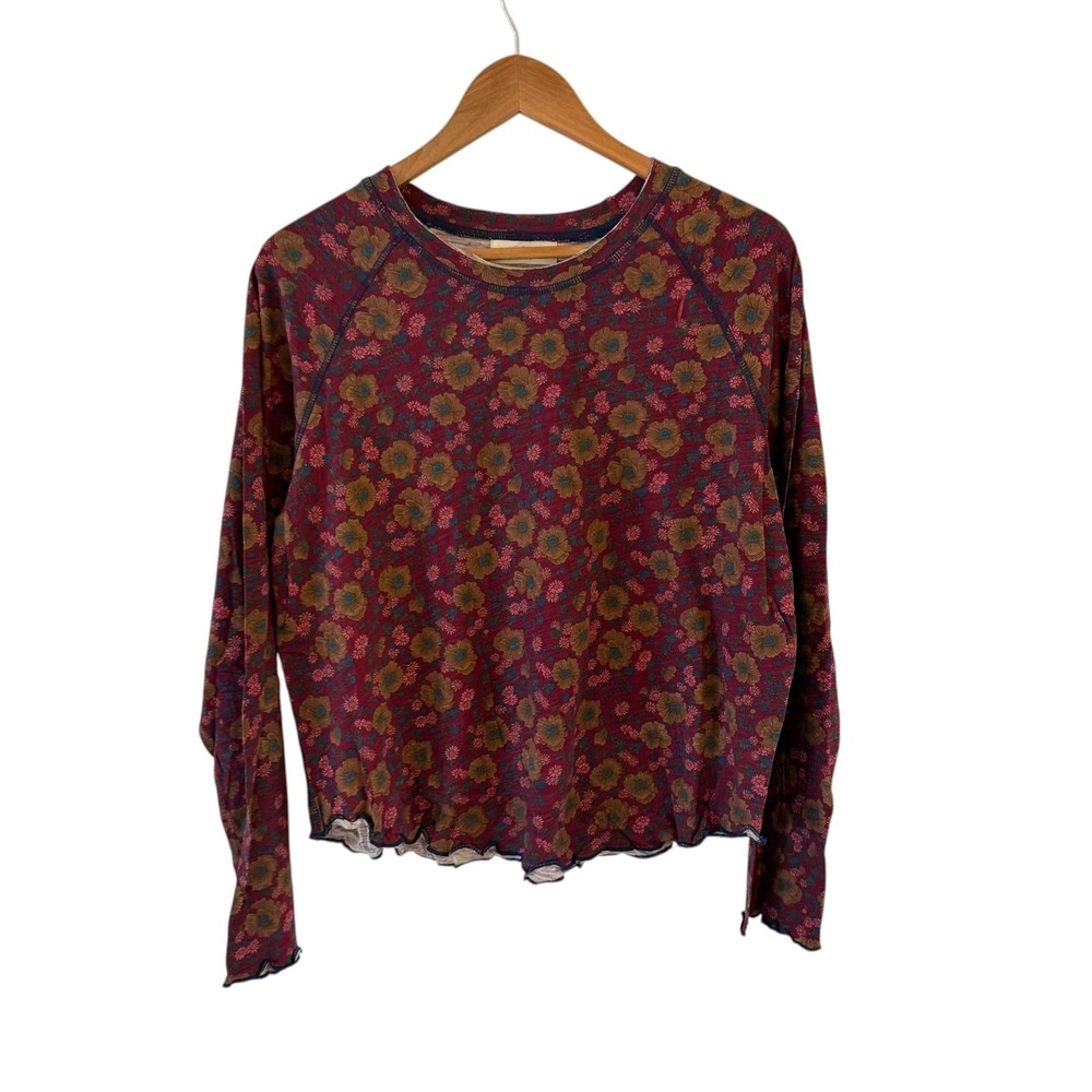 Natural Life Floral Tee Shirt Top Womens XL Red Lettuce Hem Boho Fall Casual